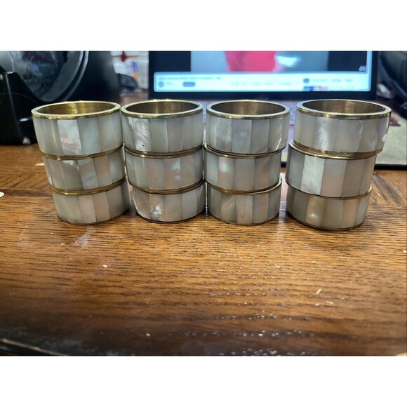 Brass And Mother of Pearl Napkin Ring Holder Tabletop Dining Decor 12 Pc - Picture 1 of 2